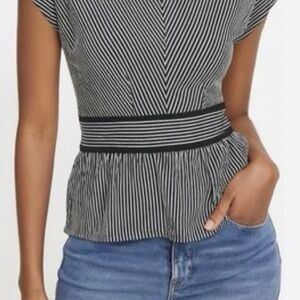 Monteau Los Angeles Top Black and White Striped Peplum Blouse